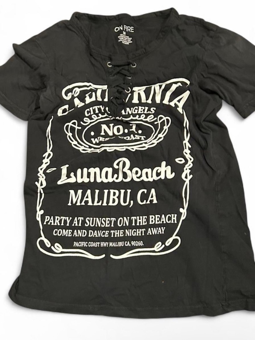 On Fire Black Lace-Up Graphic Tee with White Luna Beach Print